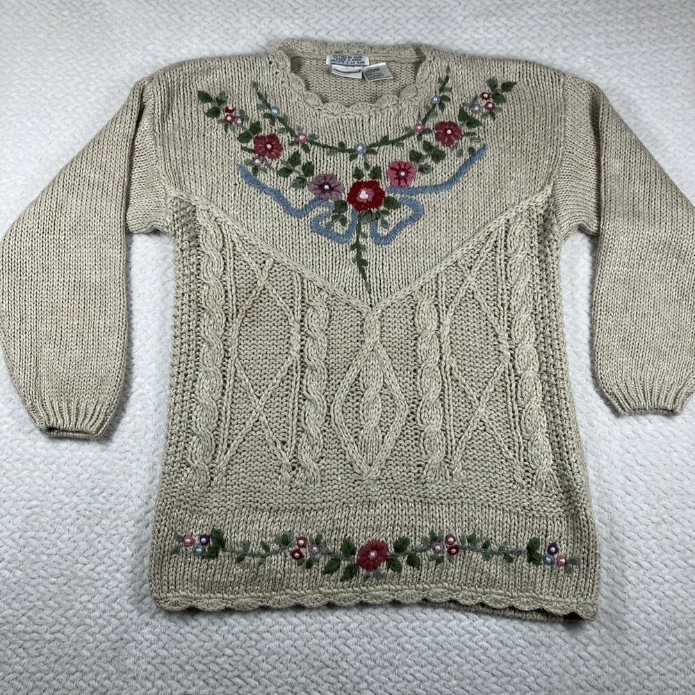 VTG Bobbie Brooks Hand Knitted Floral Embroidered Sweater Med Korea Grandma